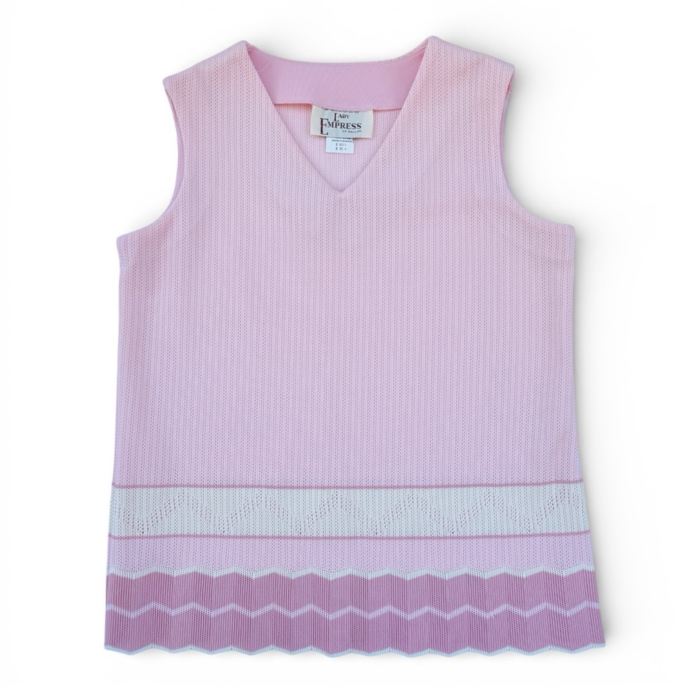 Cottagecore Pastel Pink Knit Tank Top Scalloped V-Neck Vintage 80s Large